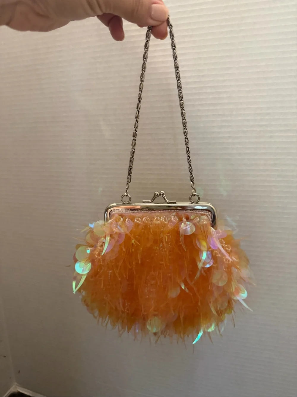 Retro Iridescent Orange Sequin Feather Evening Clutch